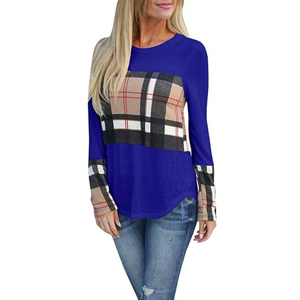 Womens Color Block Plaid Tunic Tops Crewneck Raglan Pullover Long Sleeve T-Shirt Casual Loose Shirt Blouses